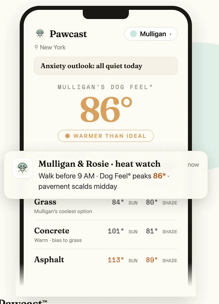The Pawcast app showing Mulligan's Dog Feel° of 86°
