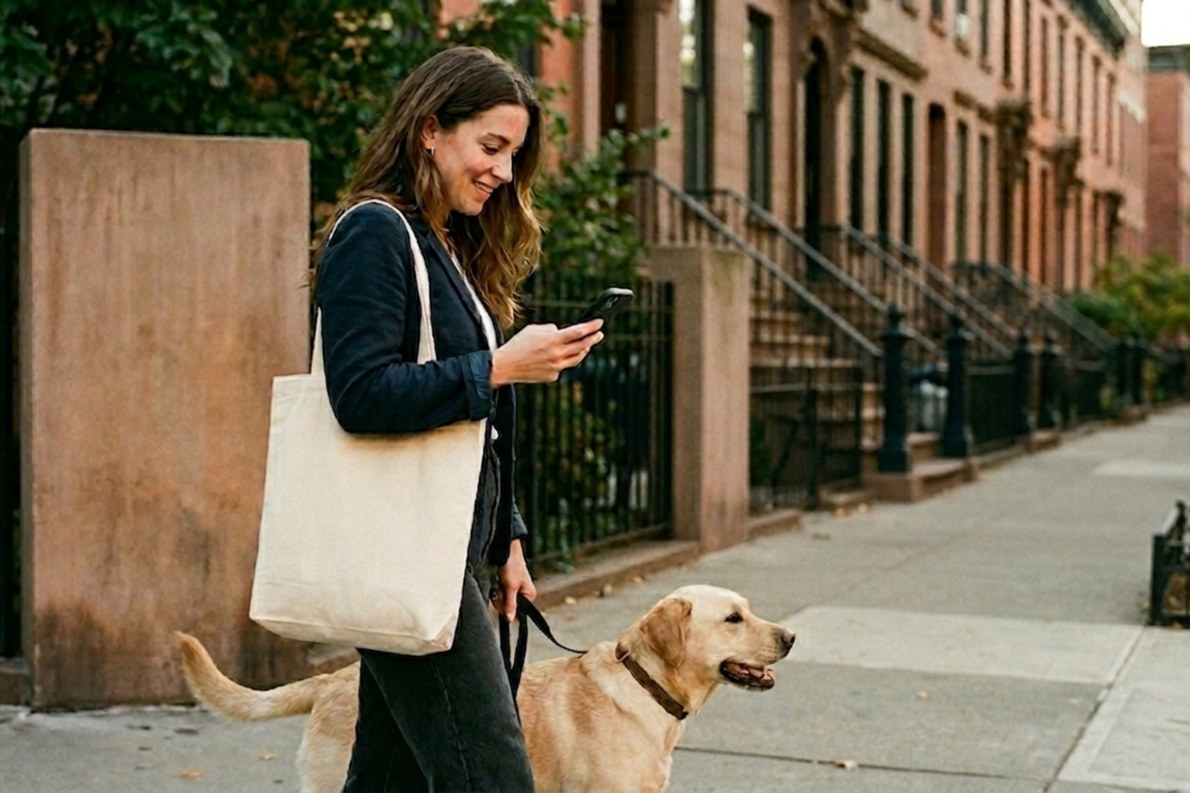 A woman walking a yellow lab past a brownstone.