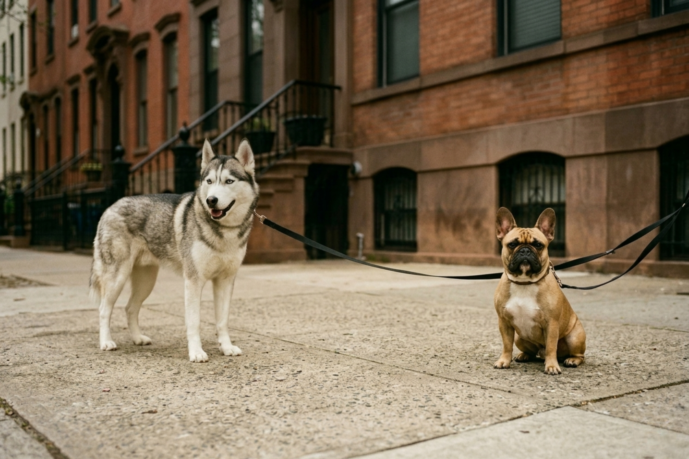 A husky and a French bulldog on the same Brooklyn sidewalk.