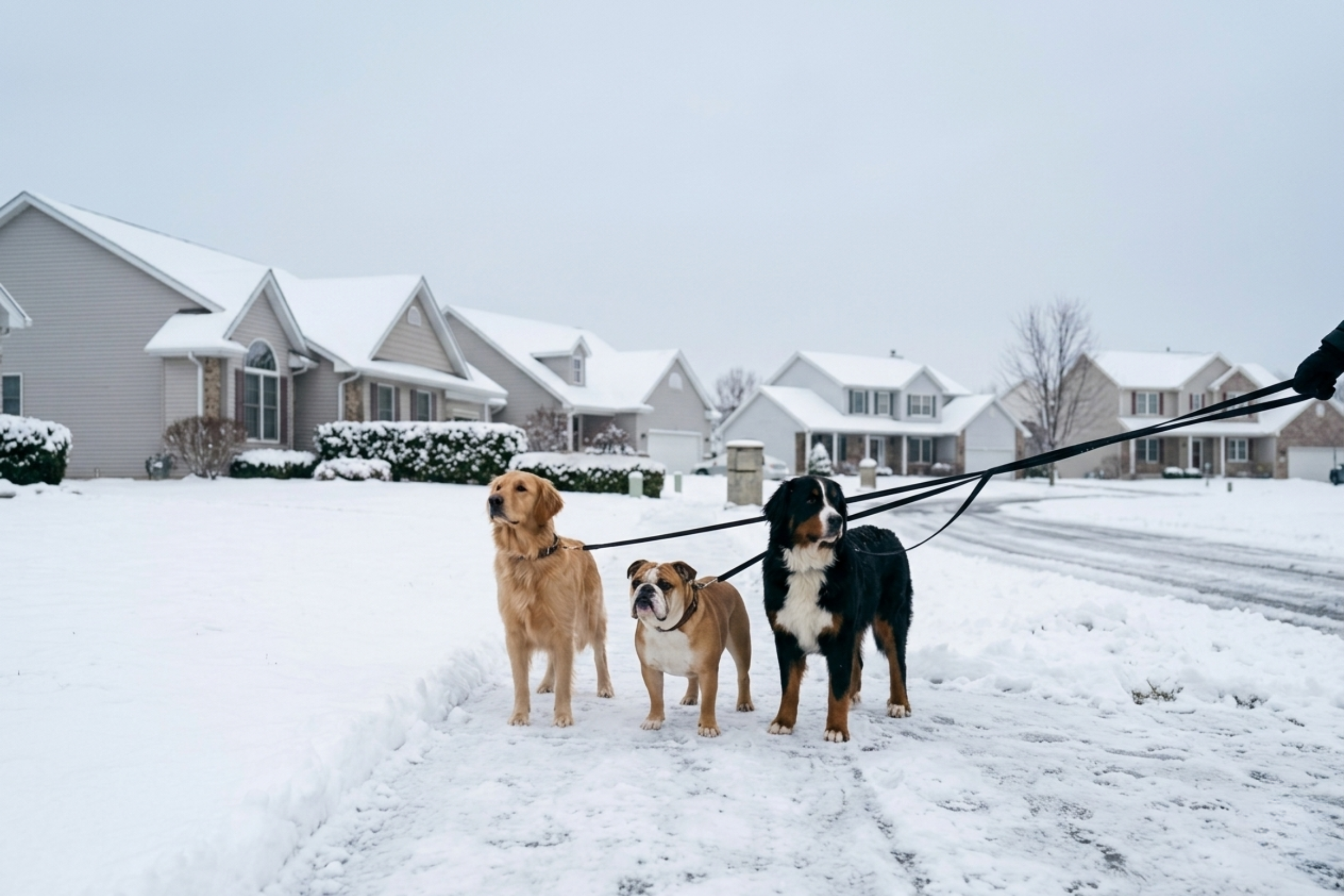A Golden Retriever, English Bulldog, and Bernese Mountain Dog in fresh snow on a suburban street.