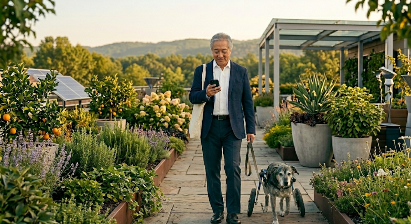 An older man walking his senior dog (in a wheelchair) through a rooftop garden at golden hour.